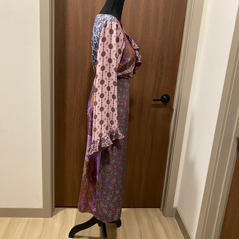 PLENTY by Tracy Reese Vtg Silk Wrap Midi Dress 12 Purple Satin Paisley Floral - Picture 6 of 17